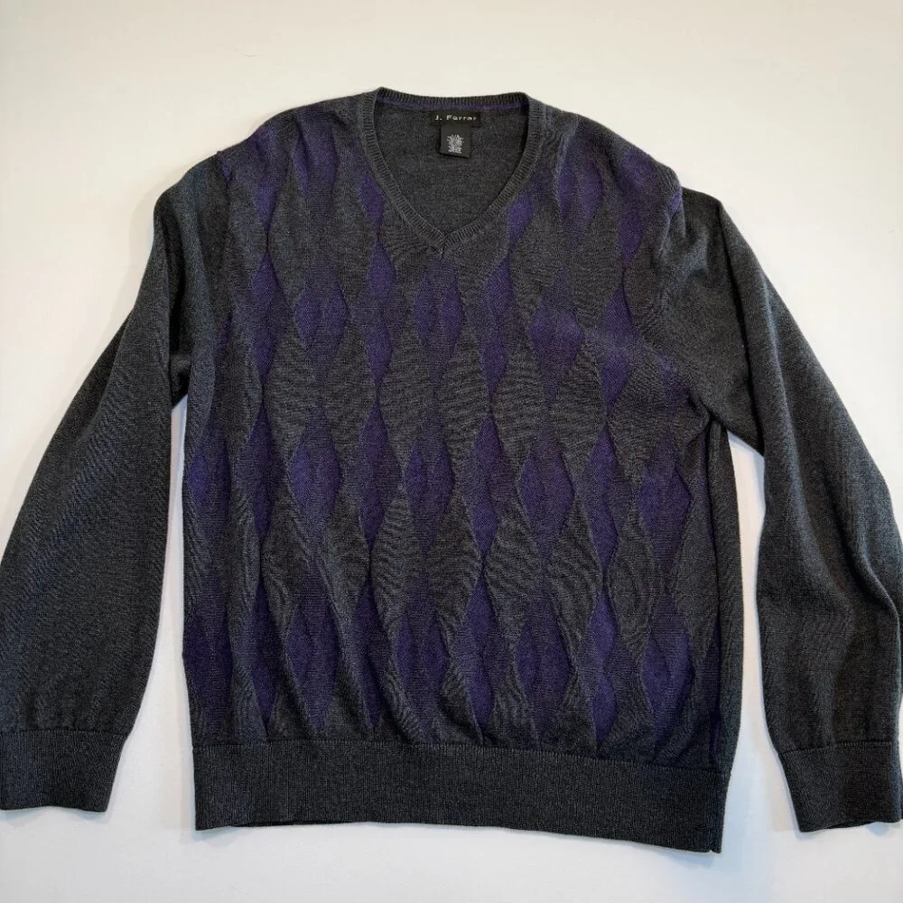 Vintage J FERRAR Cotton Cashmere V Neck Gray Purple Sweater Large